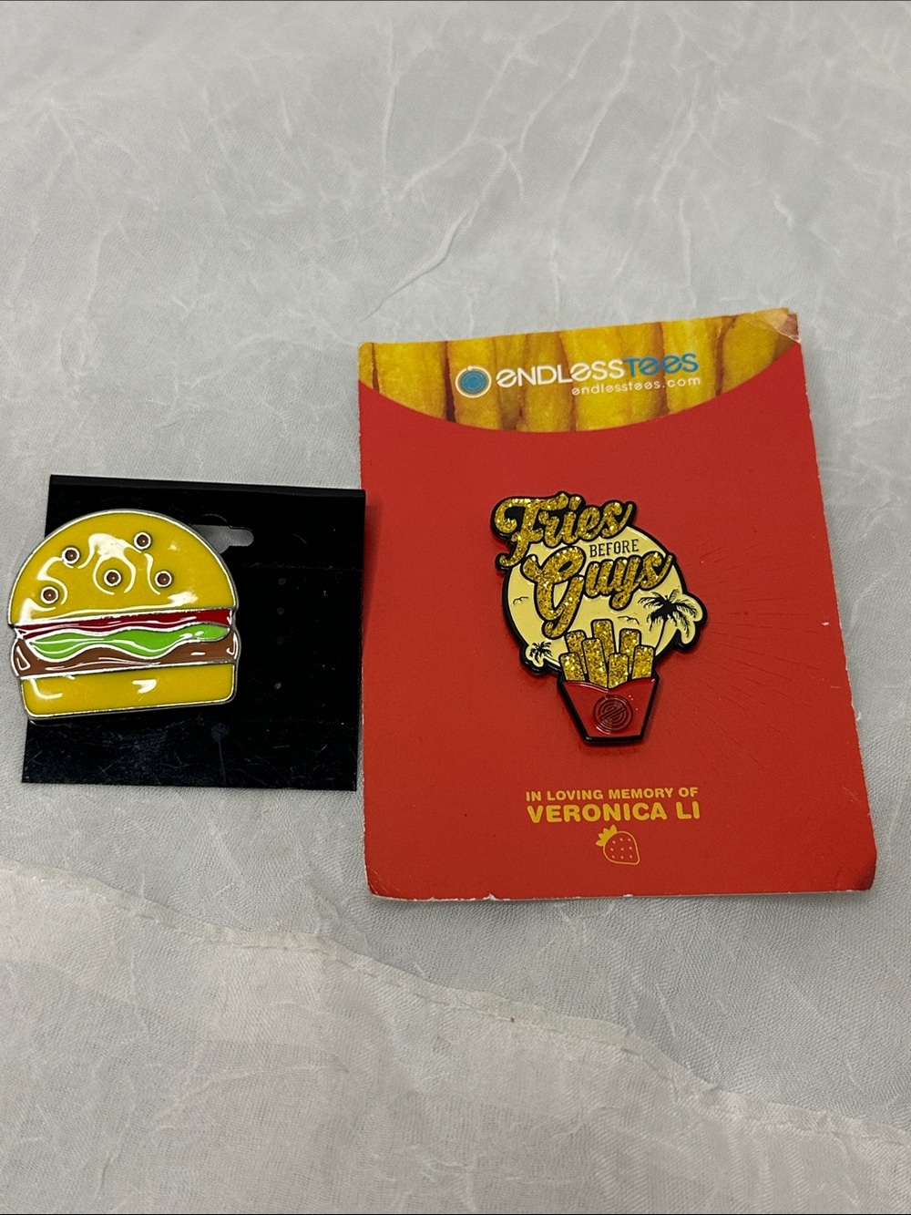 'Fries Before Guys' Gold and Red Enamel Brooch